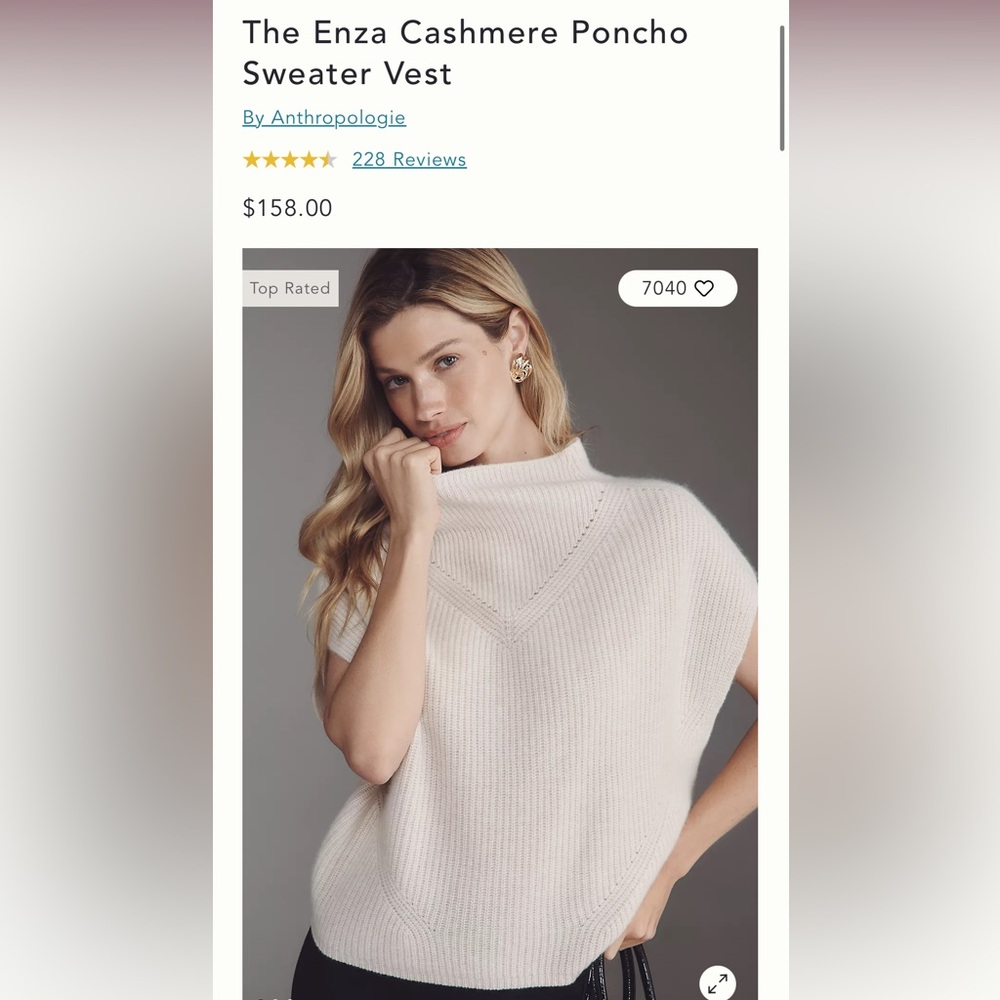 Anthropologie: The Enza Cashmere Poncho Sweater Vest

Color: Pearl
Size: XS
